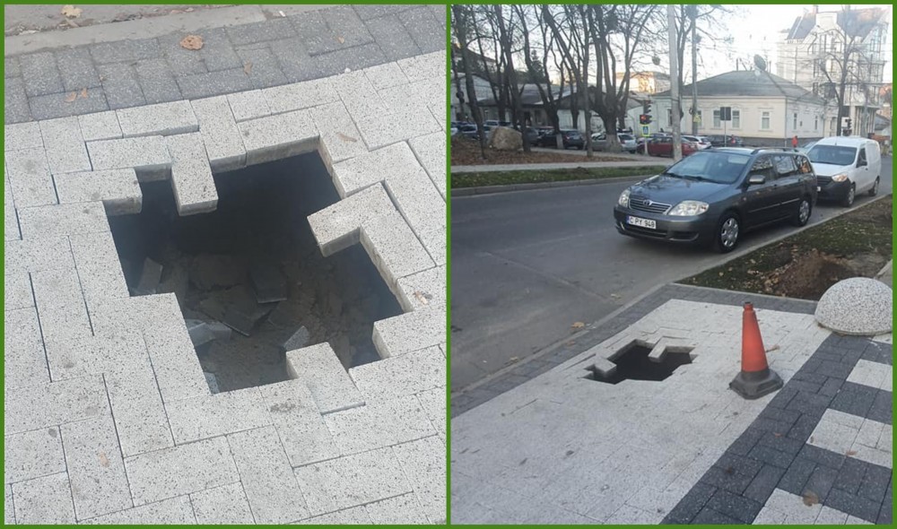 FOTO // „Treaba se face de mântuială ca de obicei”. Trotuar surpat la câteva zile după ce a fost dat în exploatare